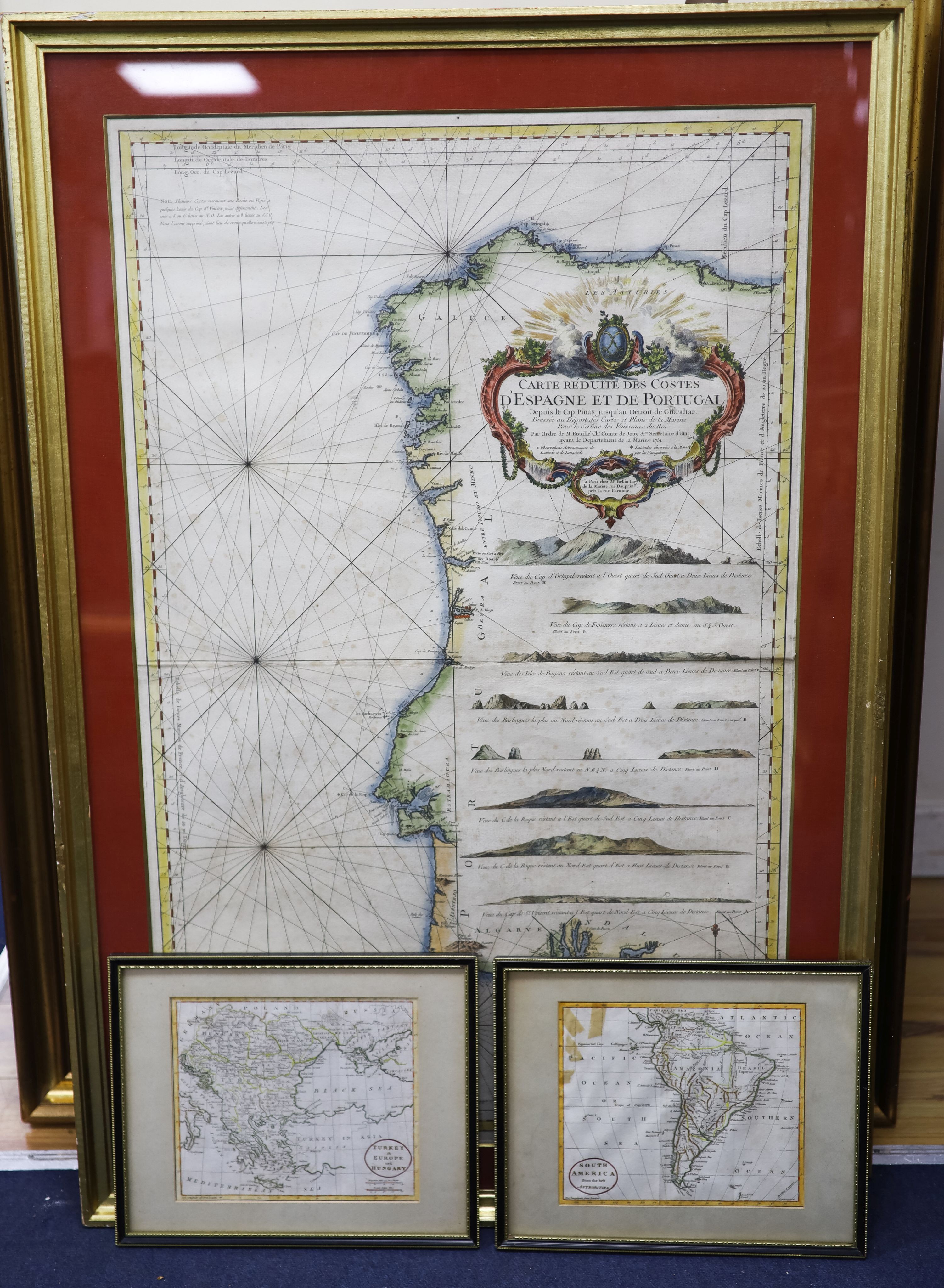 A mid 18th century French coloured engraved map of the Coasts of Spain and Portugal by Bellin, 1751, 91 x 57cm and two later maps of South America and Turkey and Europe